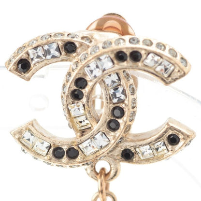 Chanel CC Logo Pearl Line Stone Earrings Gold Black