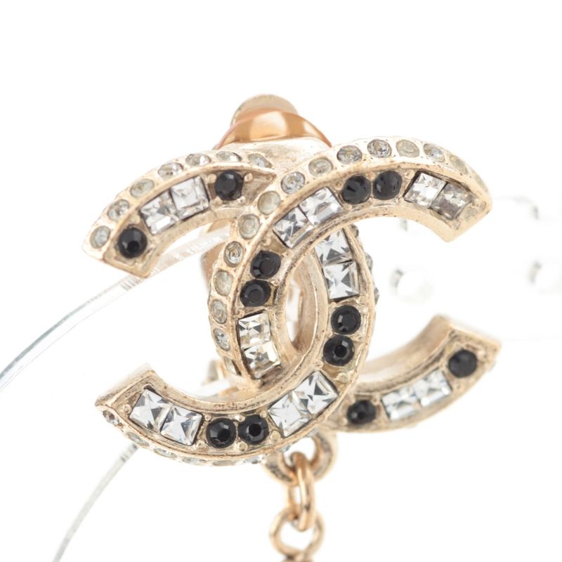 Chanel CC Logo Pearl Line Stone Earrings Gold Black