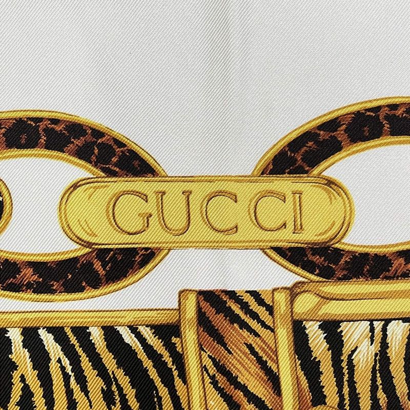 Gucci Scarf Ivory Light Brown Multi Animal Pattern Horsebit Motif