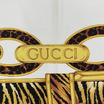 Gucci Scarf Ivory Light Brown Multi Animal Pattern Horsebit Motif