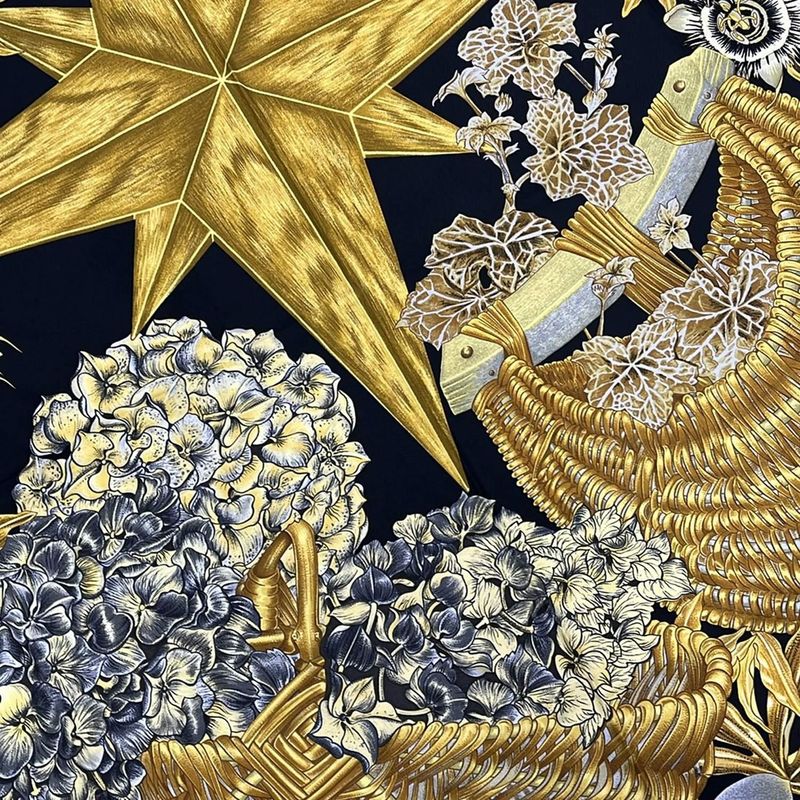 Hermes Scarf Carre 90 Black Yellow Multi Passiflores Floral Pattern Silk