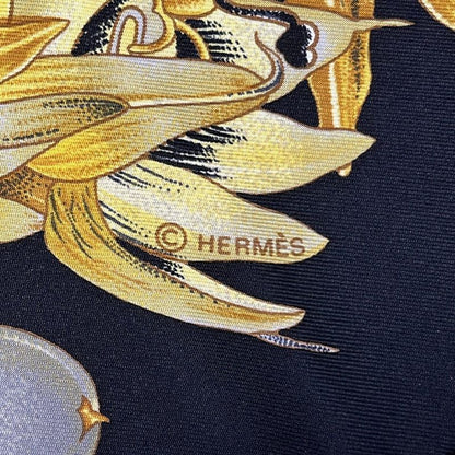 Hermes Scarf Carre 90 Black Yellow Multi Passiflores Floral Pattern Silk