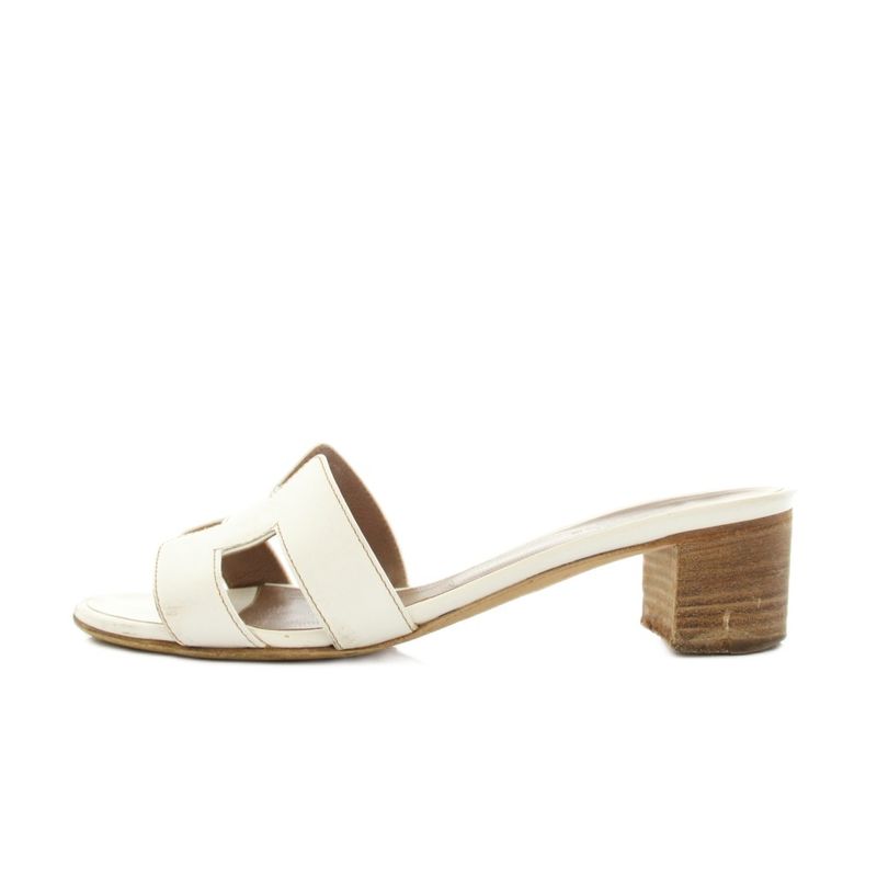 Hermes Oasis Sandals Mule Chunky Heel Leather Vibram Sole 35.5 White YT