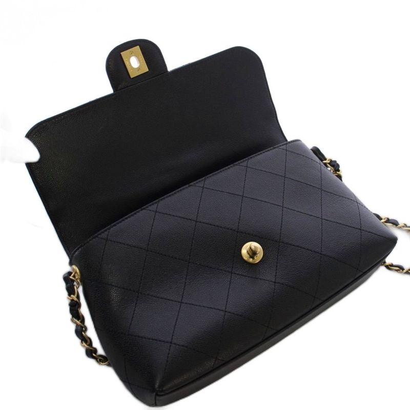 Chanel Top Handle Caviar Leather Chain Shoulder Bag Black KH