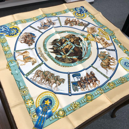 Hermes Carre 90 Chevaux de Trait Taima Beige Scarf
