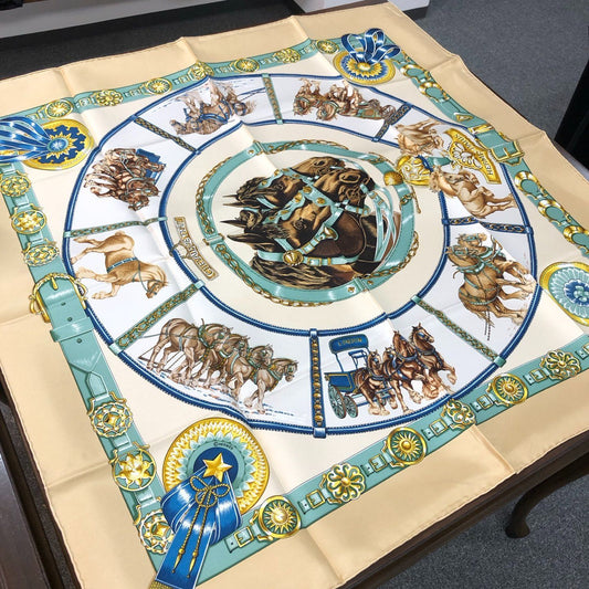 Hermes Carre 90 Chevaux de Trait Taima Beige Scarf