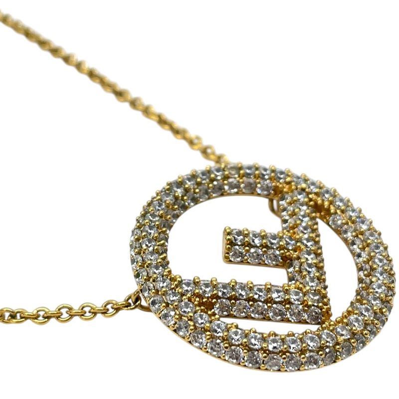 Fendi Is FF Logo Long Necklace Pendant Gold Line Stone Classic Luxury Glamorous