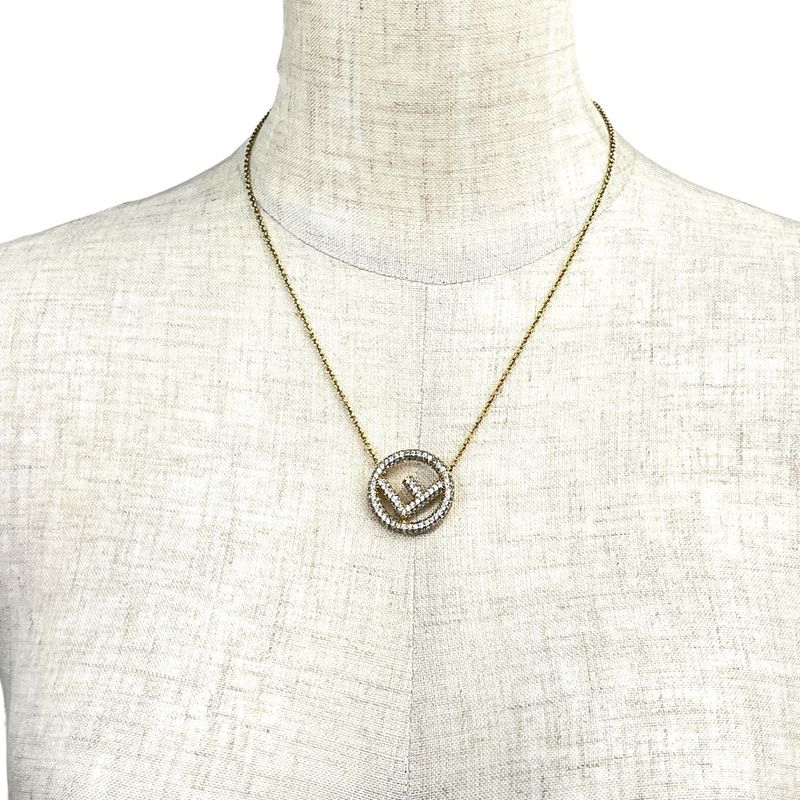 Fendi Is FF Logo Long Necklace Pendant Gold Line Stone Classic Luxury Glamorous