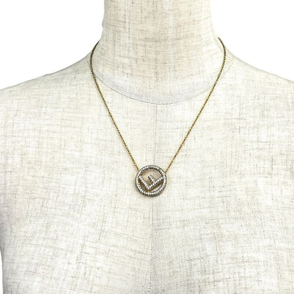 Fendi Is FF Logo Long Necklace Pendant Gold Line Stone Classic Luxury Glamorous