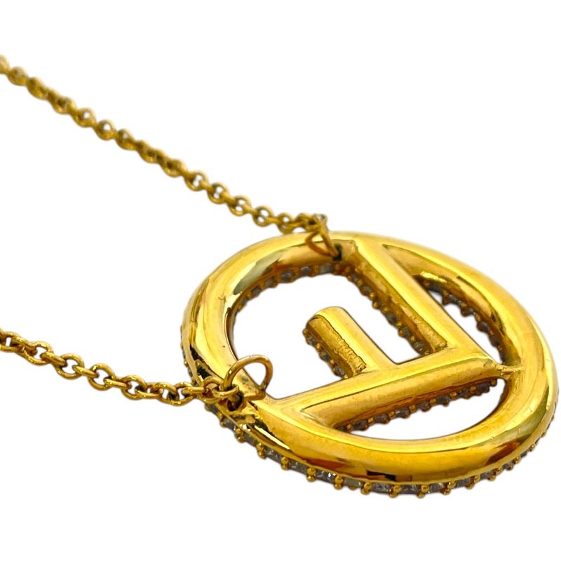 Fendi Is FF Logo Long Necklace Pendant Gold Line Stone Classic Luxury Glamorous