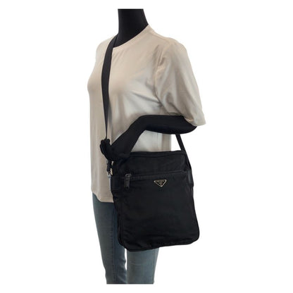 Prada Tessuto Black Silver Nylon Shoulder Bag