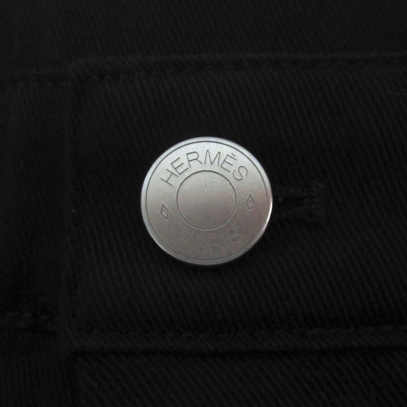 Hermes Partial Leather Series Button Stretch Straight Pants 42 Black