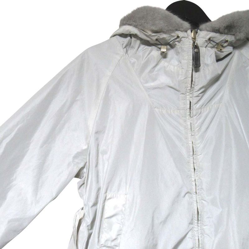 Max Mara S Reversible Mink Trim Nylon Hooded Coat Ivory Gray