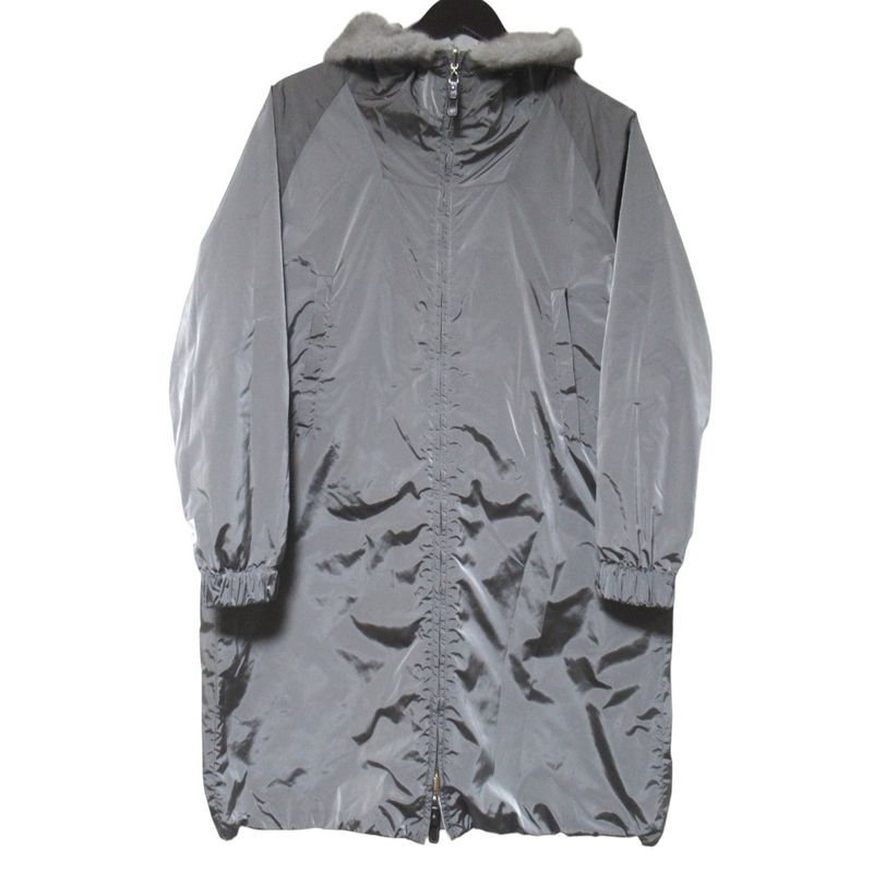 Max Mara S Reversible Mink Trim Nylon Hooded Coat Ivory Gray