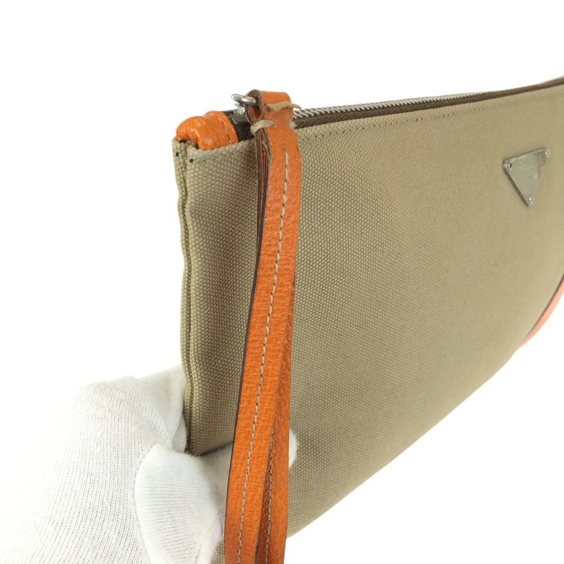 Prada Beige Orange Silver Canvas Leather Clutch