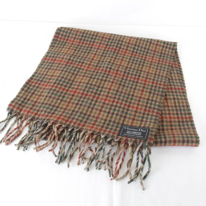 Dior Plaid 100% Lambswool Scarf Brown High