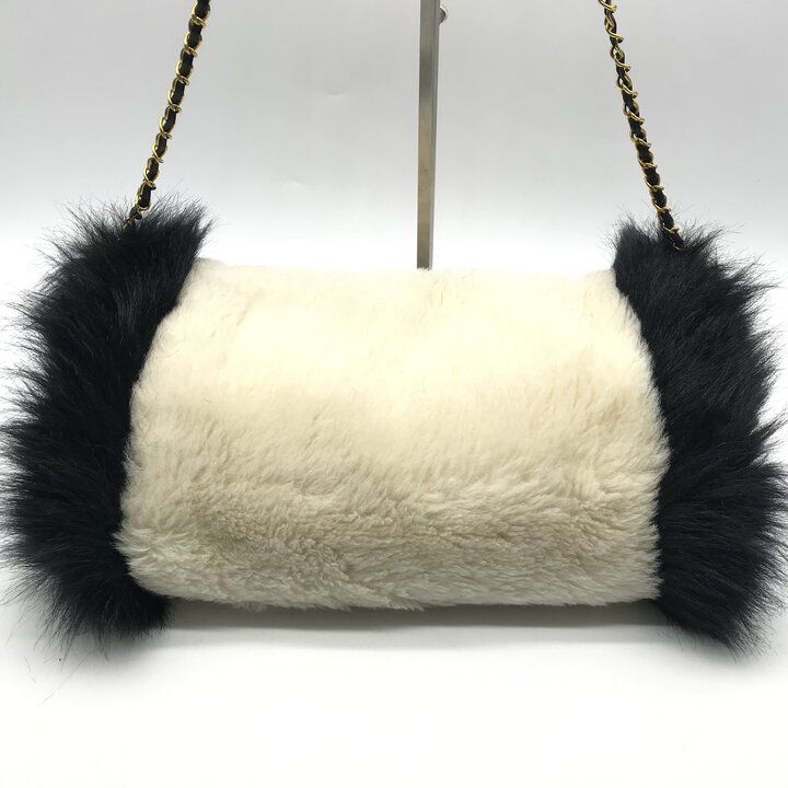 Chanel Hand Warmer Chain Shoulder Bag Crossbody CC Logo Fur Ivory Black