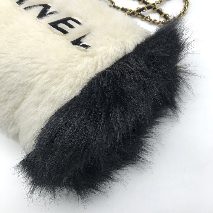 Chanel Hand Warmer Chain Shoulder Bag Crossbody CC Logo Fur Ivory Black
