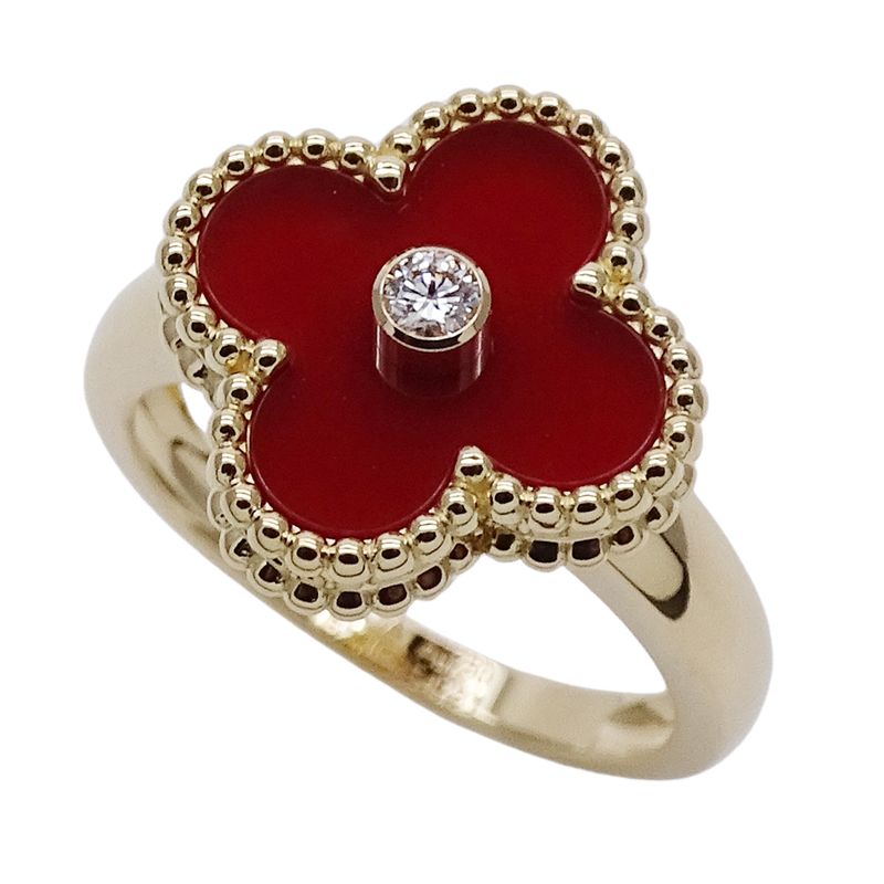 Van Cleef & Arpels Ring Vintage Alhambra Carnelian Diamond Yellow Gold 52