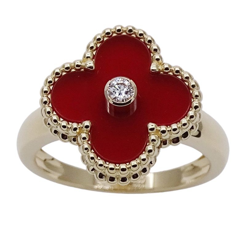 Van Cleef & Arpels Ring Vintage Alhambra Carnelian Diamond Yellow Gold 52