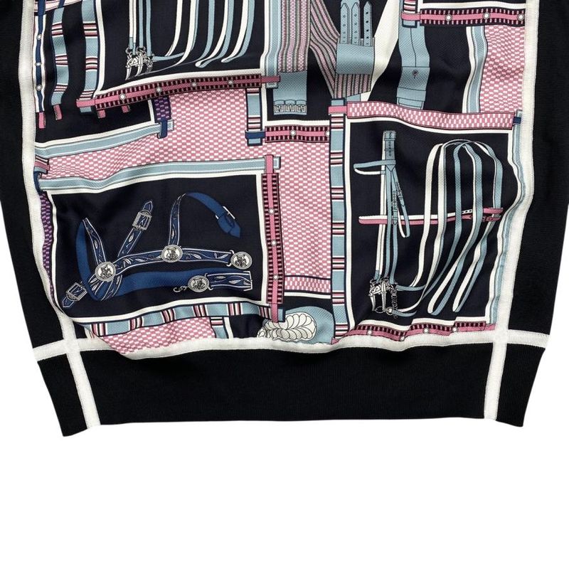 Hermes Sweater Twill Lane Long Sleeve Knit Equestre 34 Silk Noir Black White