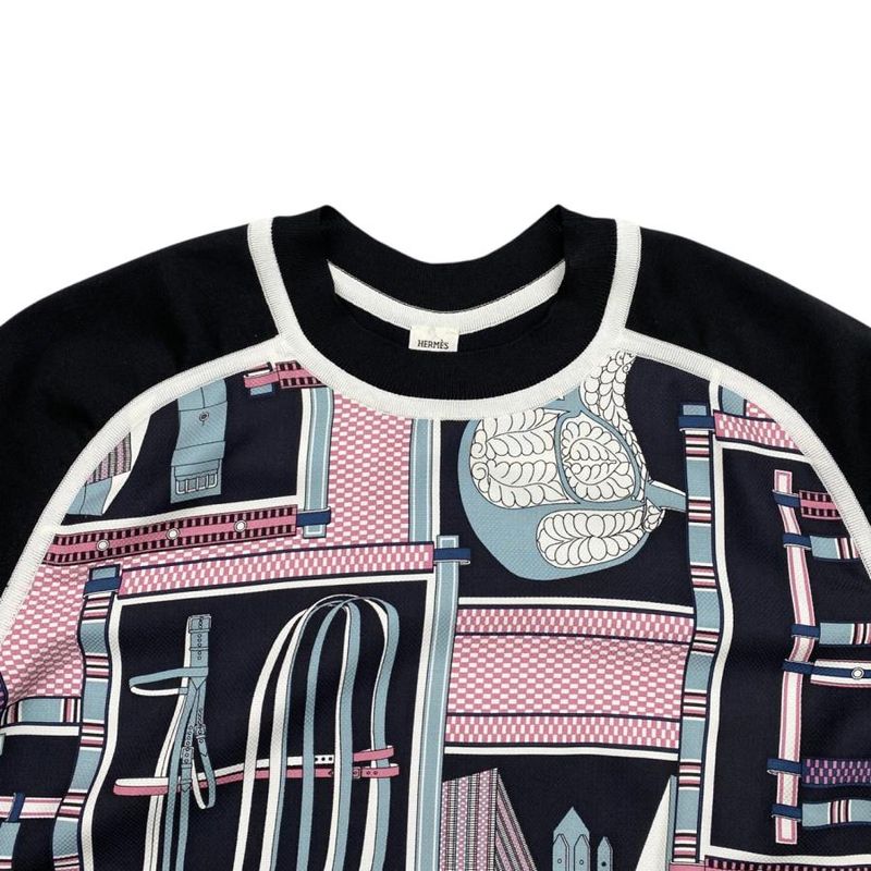 Hermes Sweater Twill Lane Long Sleeve Knit Equestre 34 Silk Noir Black White