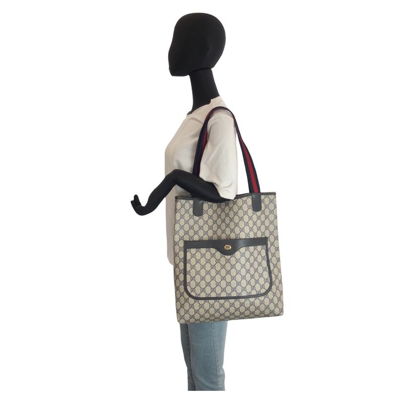 Gucci Vintage Sherry Line Gray GG Supreme Canvas Tote Shoulder Bag