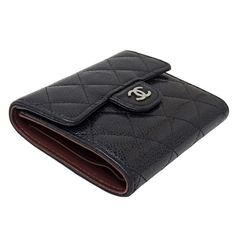 Chanel Wallet Quilted Classic Bifold Caviar Leather Black Silver