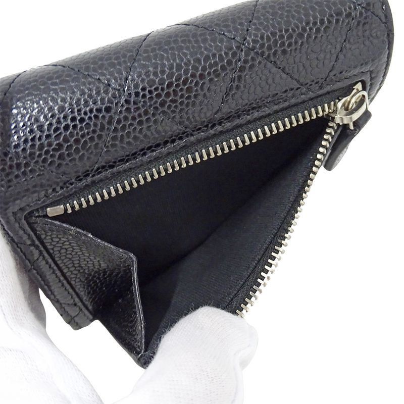 Chanel Wallet Quilted Classic Bifold Caviar Leather Black Silver