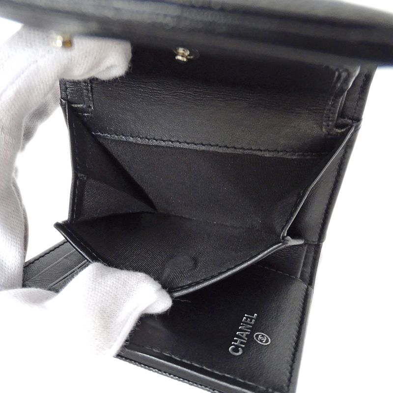 Chanel Wallet Trifold Caviar Leather Black Silver CC Logo Mini Small