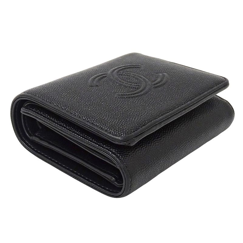 Chanel Wallet Trifold Caviar Leather Black Silver CC Logo Mini Small