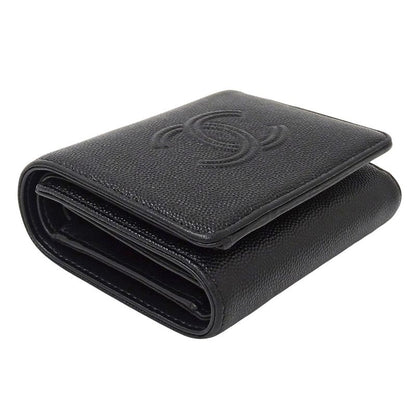 Chanel Wallet Trifold Caviar Leather Black Silver CC Logo Mini Small