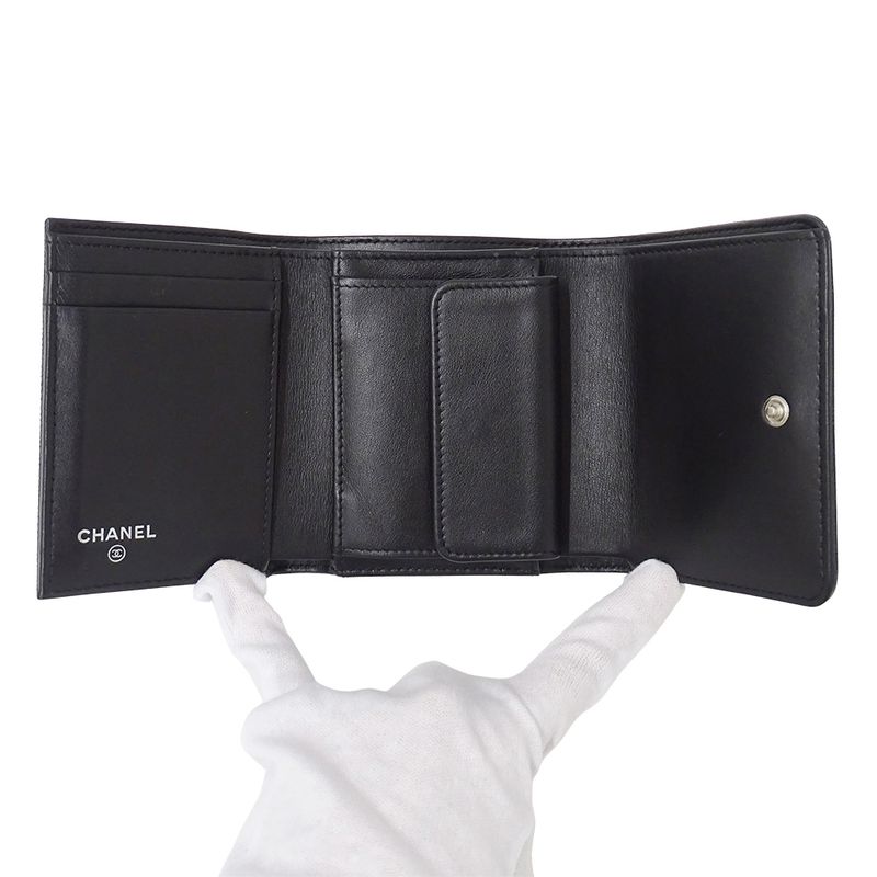 Chanel Wallet Trifold Caviar Leather Black Silver CC Logo Mini Small
