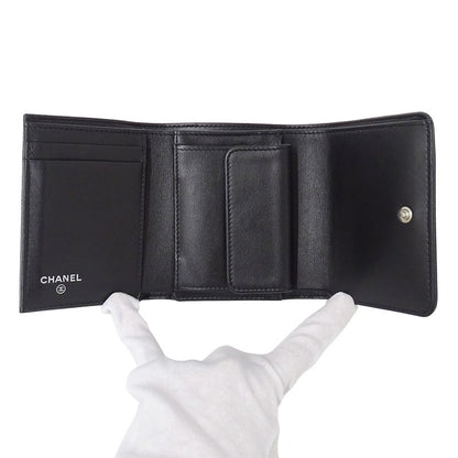 Chanel Wallet Trifold Caviar Leather Black Silver CC Logo Mini Small