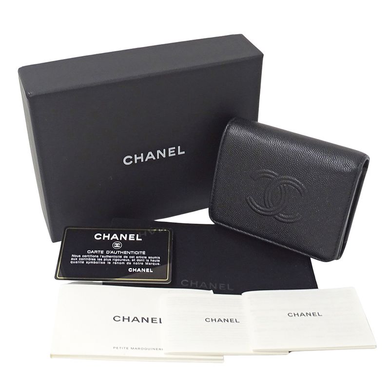 Chanel Wallet Trifold Caviar Leather Black Silver CC Logo Mini Small