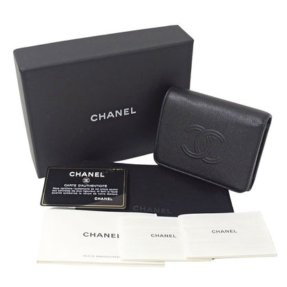 Chanel Wallet Trifold Caviar Leather Black Silver CC Logo Mini Small