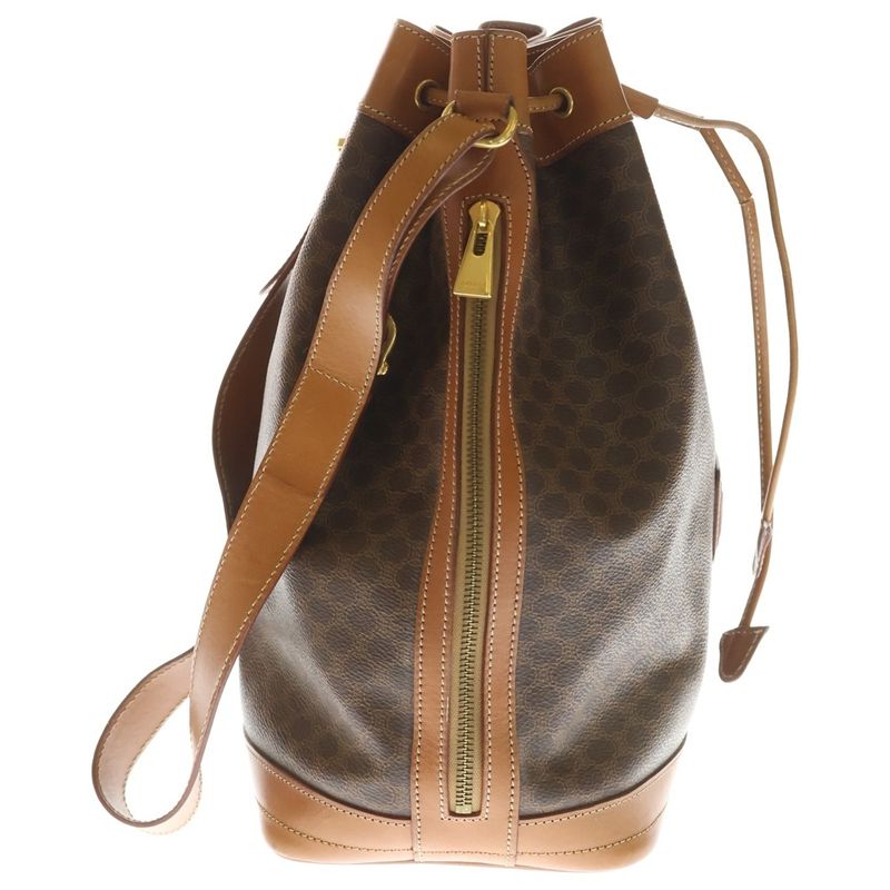Celine Macadam Pattern Leather Drawstring Shoulder Bag Gold Brown
