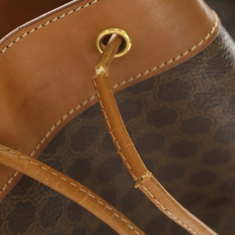 Celine Macadam Pattern Leather Drawstring Shoulder Bag Gold Brown