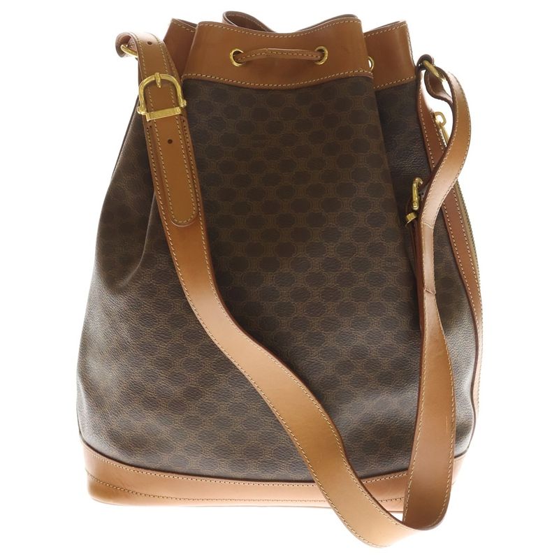 Celine Macadam Pattern Leather Drawstring Shoulder Bag Gold Brown