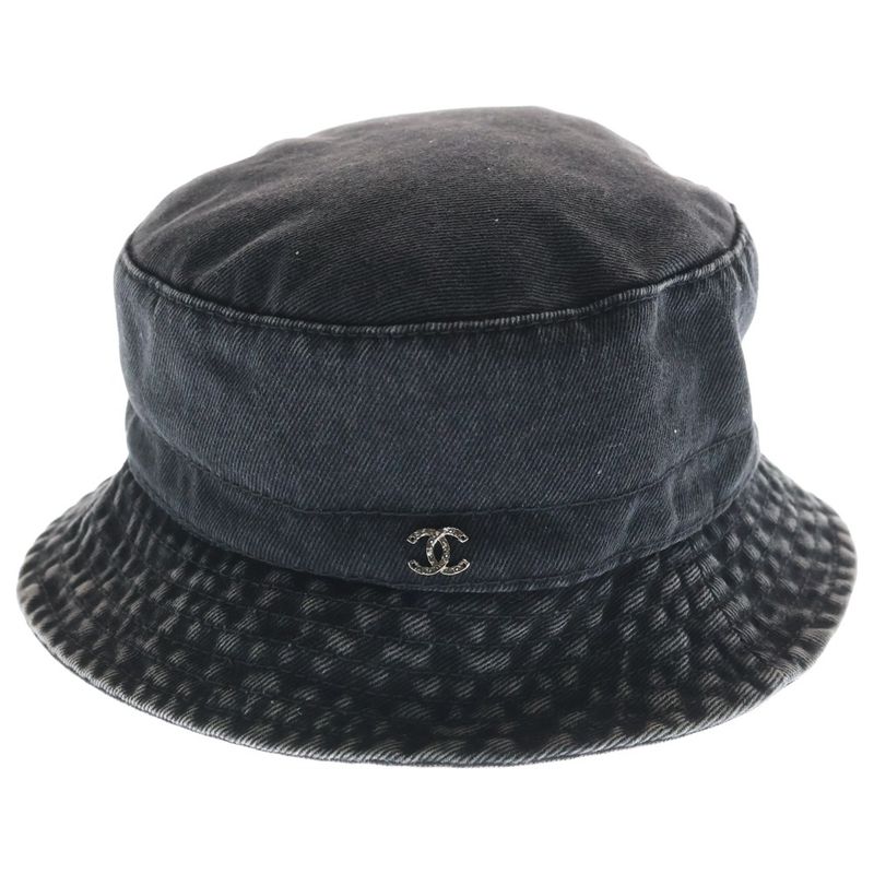 Chanel CC Logo Washed Denim Bucket Hat Black