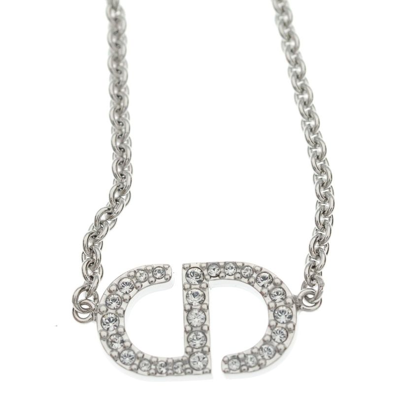 Dior Petit Cdlogo Line Stone Necklace Pendant Chain Silver