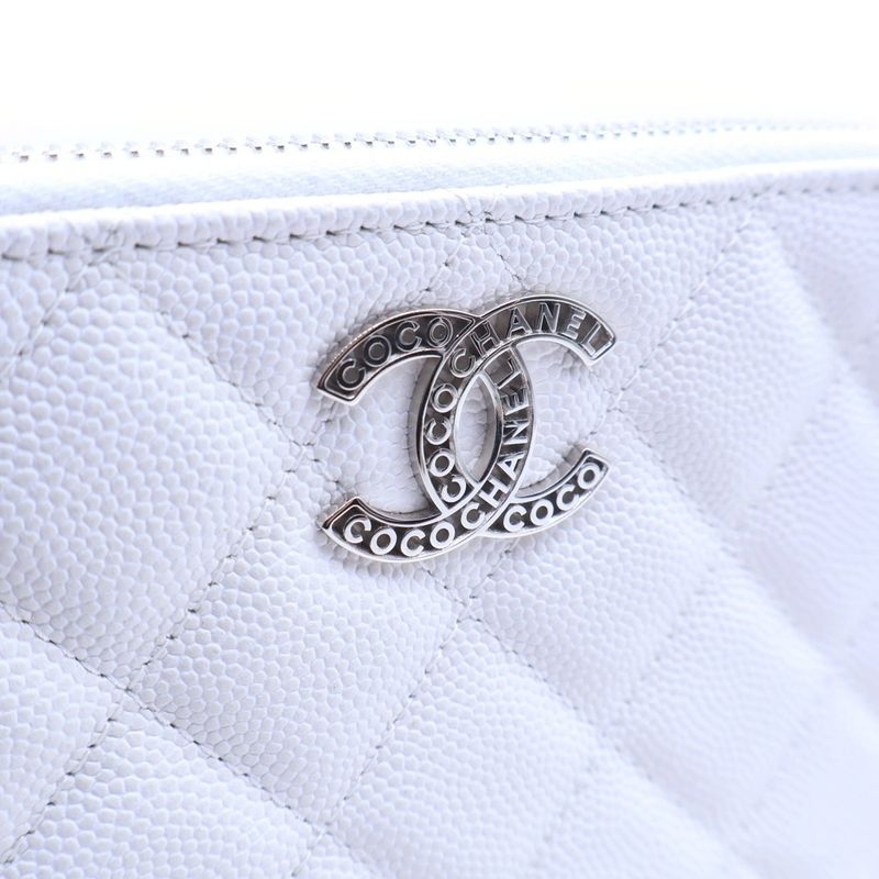 Chanel Quilted Chain Wallet White Caviar Leather Silver