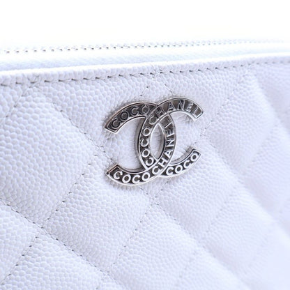 Chanel Quilted Chain Wallet White Caviar Leather Silver