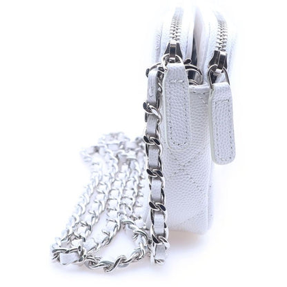Chanel Quilted Chain Wallet White Caviar Leather Silver