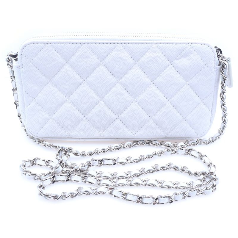 Chanel Quilted Chain Wallet White Caviar Leather Silver