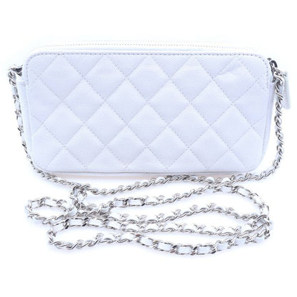 Chanel Quilted Chain Wallet White Caviar Leather Silver