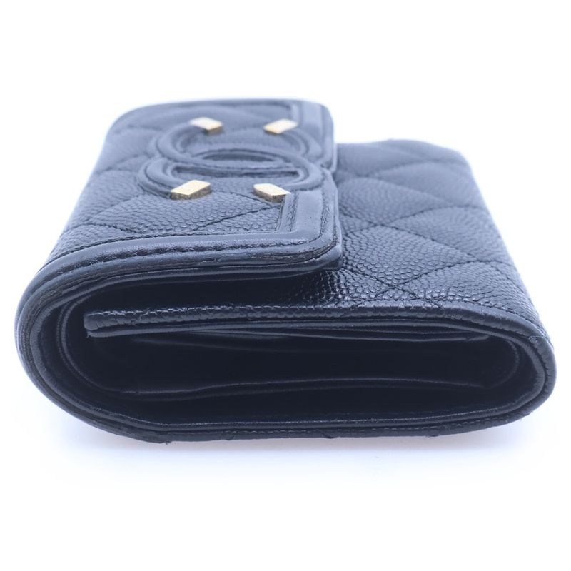 Chanel Caviar Leather CC Logo Filigree Compact Wallet Trifold Black