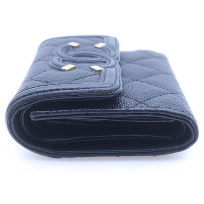 Chanel Caviar Leather CC Logo Filigree Compact Wallet Trifold Black