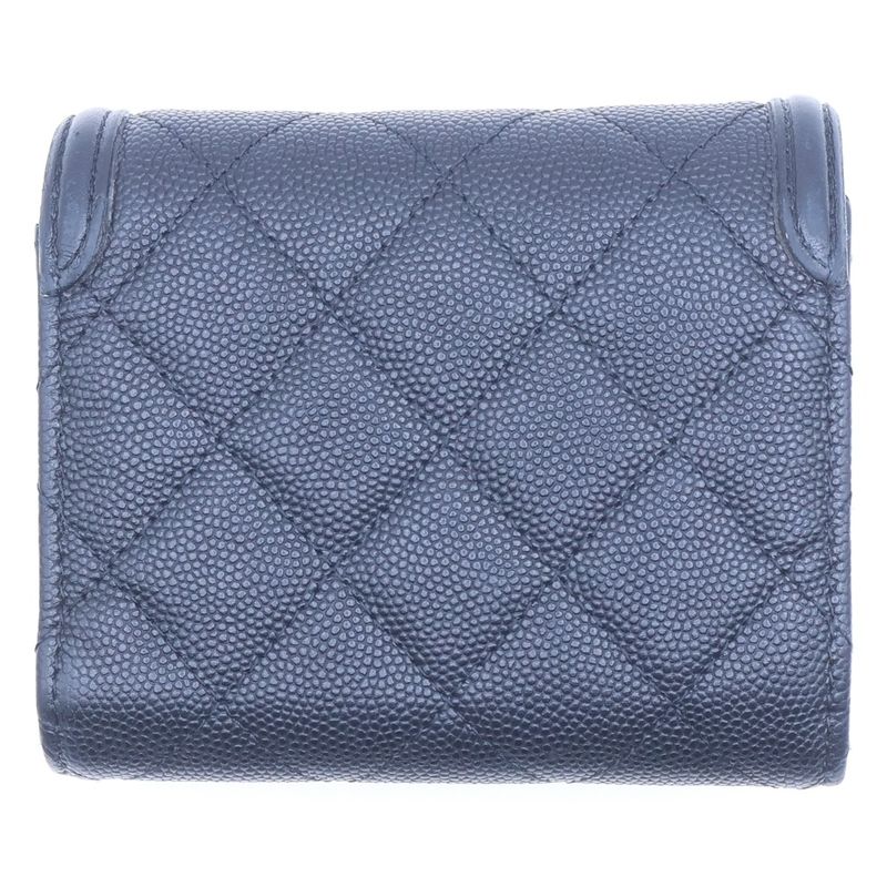 Chanel Caviar Leather CC Logo Filigree Compact Wallet Trifold Black