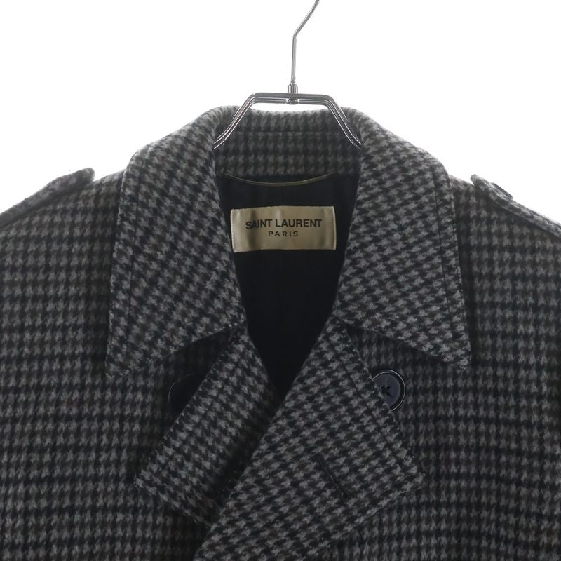 Saint Laurent Paris Houndstooth Double Breasted Wool Coat Gray
